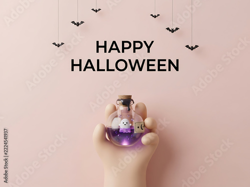 Happy Halloween purple potion bottle held by hand with bats for spooky party