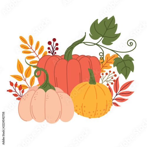 A picture featuring several pumpkins and autumn leaves