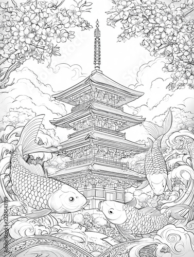 Japanese Inspired Adult Coloring Page with Pagoda and Koi Fish