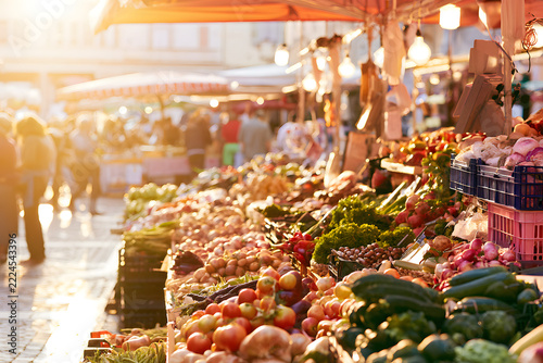 Golden hour at a lively outdoor market, with customers shopping for colorful fresh fruits and vegetables at sunlit stalls.