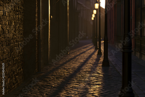 Narrow, atmospheric cobbled alley at night, lit by warm streetlights casting long shadows on the old stone pavement, creating a mysterious mood.