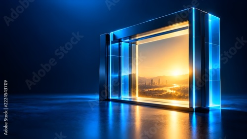Glowing futuristic glass portal frame reveals golden sunrise city, symbolizing digital transformation and modern opportunity
