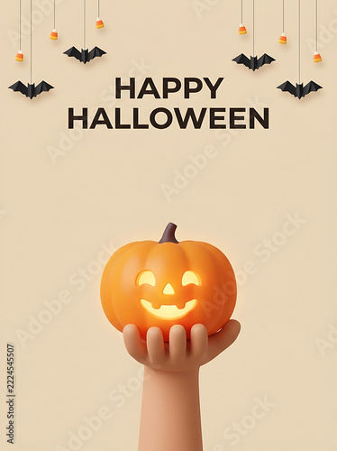 Jack o lantern held by cartoon hand for happy Halloween holiday celebration and spooky decoration