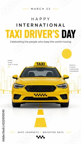 International Taxi Drivers Day Poster with yellow taxi and road markings