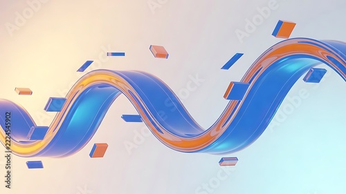 Abstract 3d render featuring a flowing blue ribbon with orange accents and floating geometric cubes against a soft gradient background, for tech