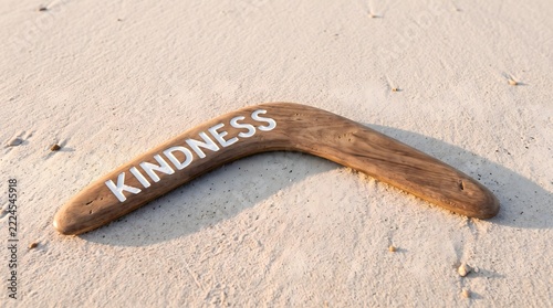 Wooden boomerang with carved kindness text on white sand representing karma and goodwill concept with copy space