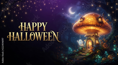 Magical mushroom house with ghost and happy Halloween night sky