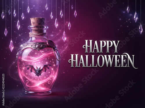Magical potion bottle with bat for happy Halloween party banner