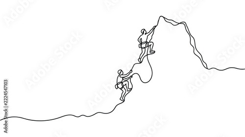 Continuous one line drawing of two mountaineers climbing a steep rock mountain adventure climbers on cliff
