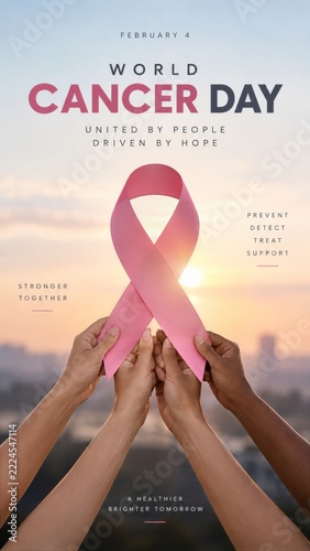 Cancer Awareness Poster with hands holding pink awareness ribbon