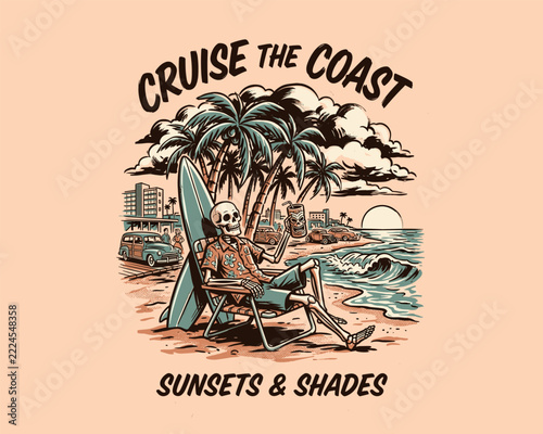 Canvas Print Retro skeleton surfer relaxing on tropical beach