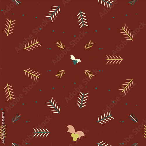 Seamless pattern with autumn leaves and abstract floral shapes on deep red background