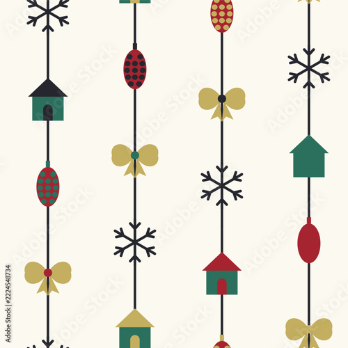 Seamless christmas pattern with hanging ornaments and snowflakes on white background