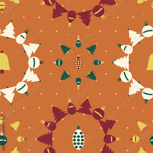 Seamless christmas pattern with pine trees and baubles on orange background