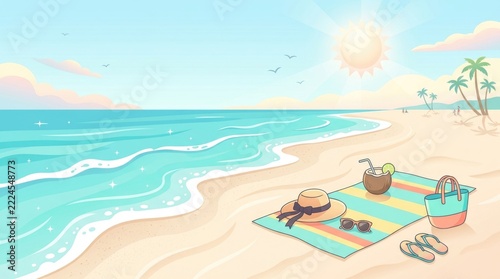 Beautiful Tropical Summer Beach Illustration with Turquoise Ocean Waves and Colorful Vacation Accessories