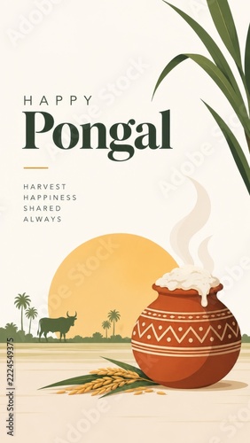 Pongal Poster with harvest pot sugarcane and orange sun in a Vertical Greeting Design