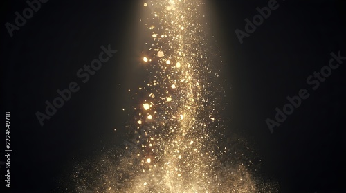 Glowing golden dust and sparkling light beam falling from above on a dark background for magical festive design