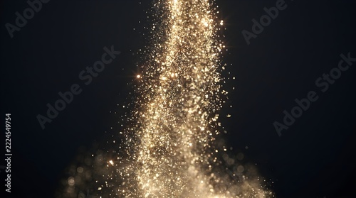 Luxury golden glittering particles falling down from above against a dark black background for a magic celebration art
