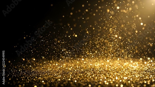Stunning golden glitter sparks and glowing bokeh floating on a dark background for magical celebrations and festive events