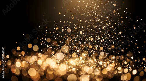Sparkling golden light particles glittering and shimmering on a dark background, elegant festive bokeh effect