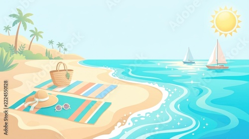 Tropical Summer Beach Illustration with Colorful Towels Sun Hat Sunglasses Palm Trees and Sailboats