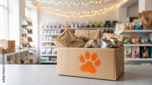 Donation box for pets filled with food cans and parcels, animal shelter support and charity drive concept, humanitarian aid in a pet shop