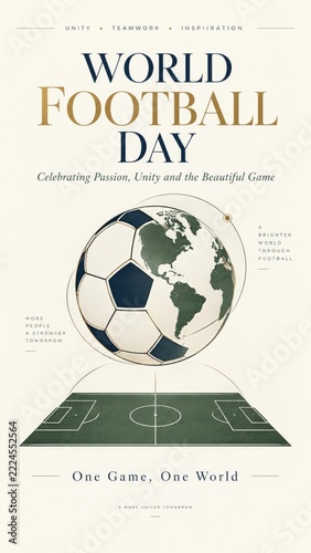 World Football Day Poster with football and globe on pale background