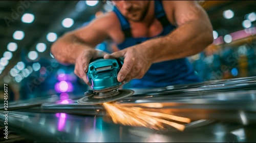 A metalworker uses an angle grinder on a metal panel, sending bright sparks across a workshop and illustrating fabrication, finishing and skilled manual work
