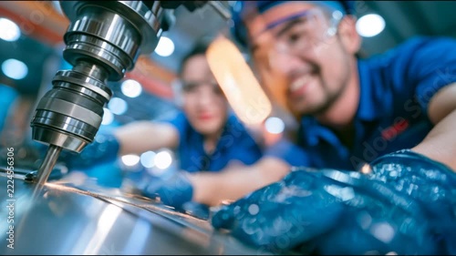 Two technicians in blue uniforms and safety glasses work at a drill press machining a metal part, illustrating manufacturing and teamwork