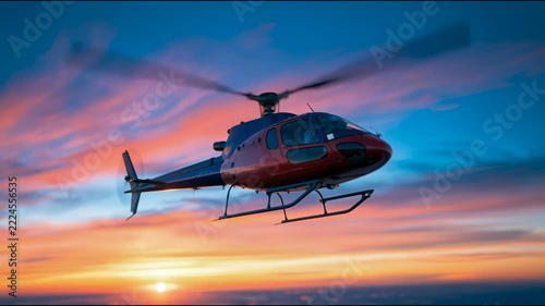 A helicopter flies across a colorful sunset sky with blurred rotor blades, illustrating aviation, aerial transport and evening flight