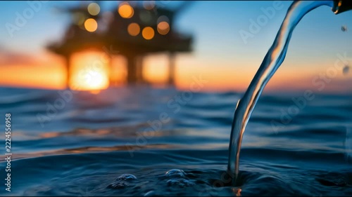 A liquid stream splashes into waves in front of a blurred offshore platform at sunset, illustrating marine energy production and resource use