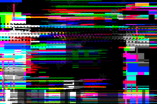 Abstract colourful glitch illustration in bright neon colors. Wallpaper with broken signal errors, digital artifacts and damage pixels effect. Visual television screen with vibrant distortion texture.