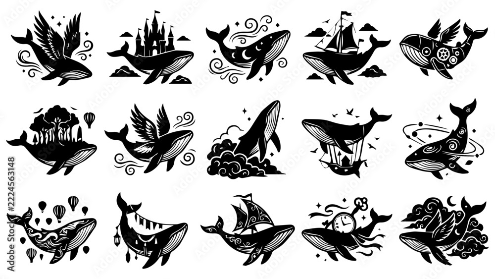 Obraz premium Set of fifteen hand drawn black and white whale icons and illustrations in a creative doodle style