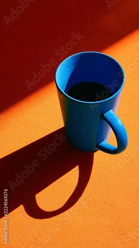Vibrant blue mug casting a striking shadow.