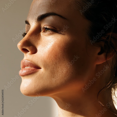 Close-up portrait of a serene woman in light.