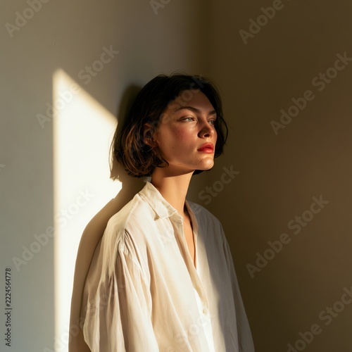 Contemplative moment of a woman in soft light.