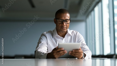 Professional man using tablet in office.