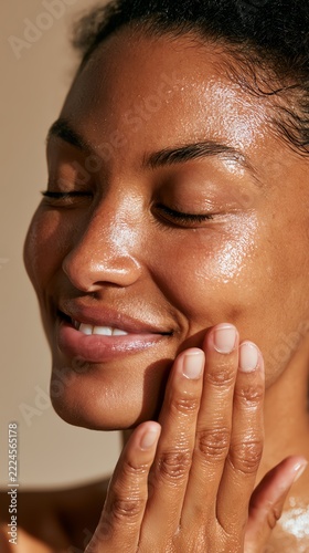 Smiling woman touching her glowing skin.
