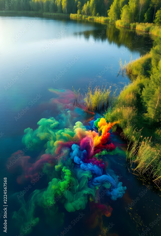 Naklejka premium Environmental pollution and water contamination concept, colorful chemical dye spreading in a natural lake with forest landscape and reeds at sunset