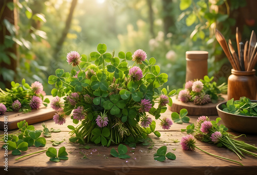 herbal medicine and wellness, fresh red clover flowers and green leaves on a rustic wooden table in a sunlit garden for natural health and skincare