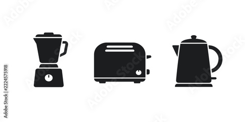 Kitchen Appliance Vector Icons Featuring a Blender Toaster and Electric Kettle Set for Modern Home Culinary Equipment Design Projects