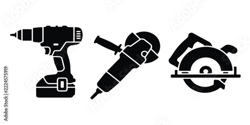 Vector set of black silhouette construction tools including a cordless drill, angle grinder, and a circular saw isolated on a white background for design projects
