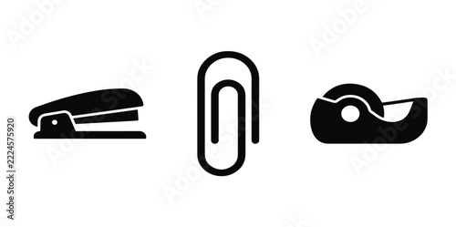 Set of flat minimalist vector icons representing essential office writing and stationery supplies including a stapler paperclip and tape dispenser