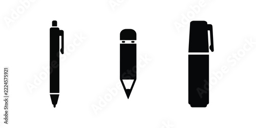 Set of minimalist vector icons of writing tools including a ballpoint pen, graphite pencil, and marker for office and school supplies