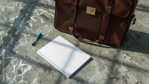 A brown bag sits on a stone floor next to a notepad, great for office or study scenes