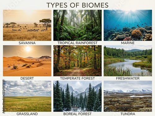 Biome classifications encompass varied environmental ecosystems, dividing habitats, landforms, and climate zones into savanna, tropical rainforest, marine, desert, temperate forest, freshwater