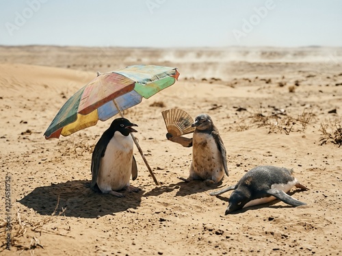 Funny penguins enduring the desert's heat while holding an umbrella and a fan