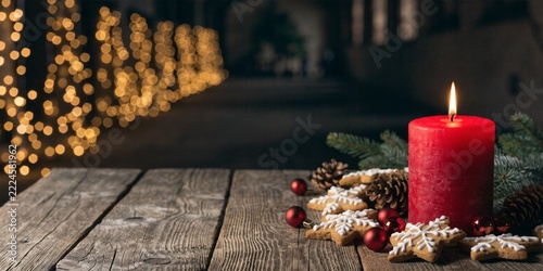 Burning Red Candle with Cinnamon Star Cookies Pinecones and Fairy Lights on Rustic Wood Table Banner Concept