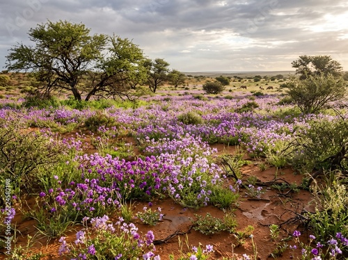 South African wilderness: the Kalahari Desert blooming violet after the rainy season