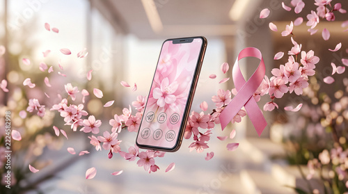 Smartphone with cherry blossoms and pink ribbon